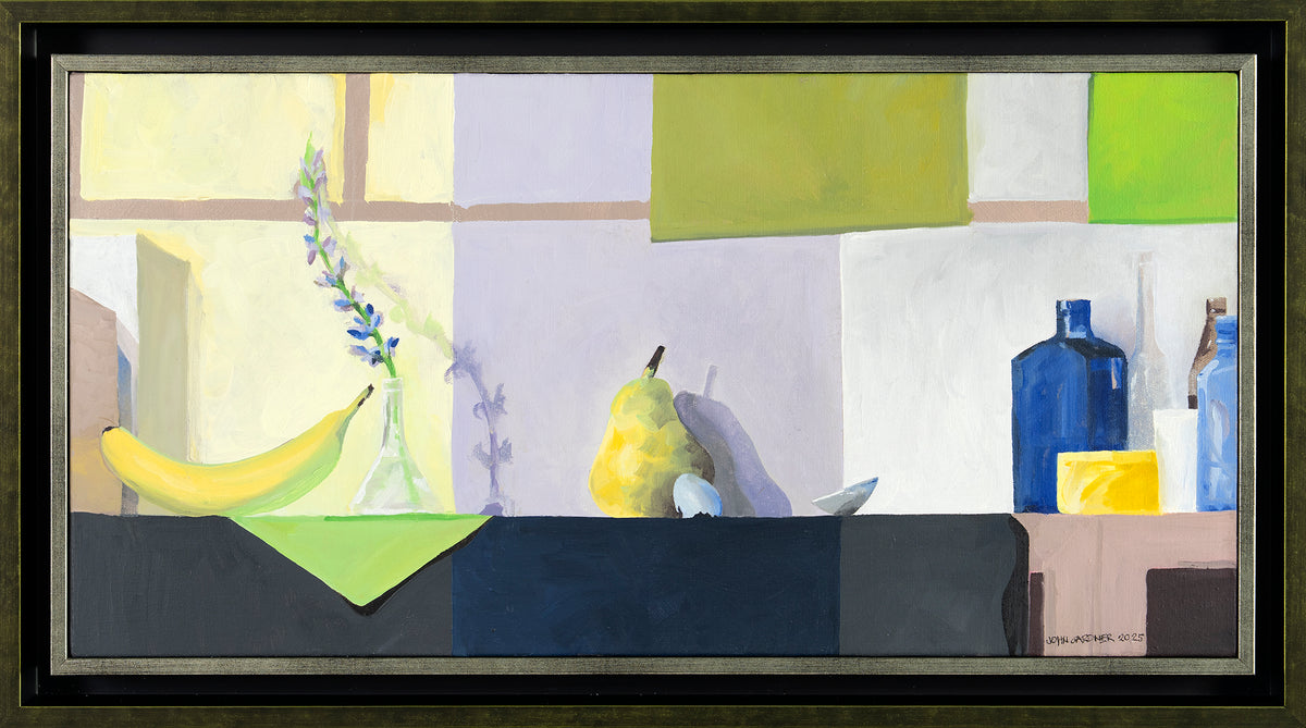 John Gardner, Three part still life with a Banana, a Pear and Bottles