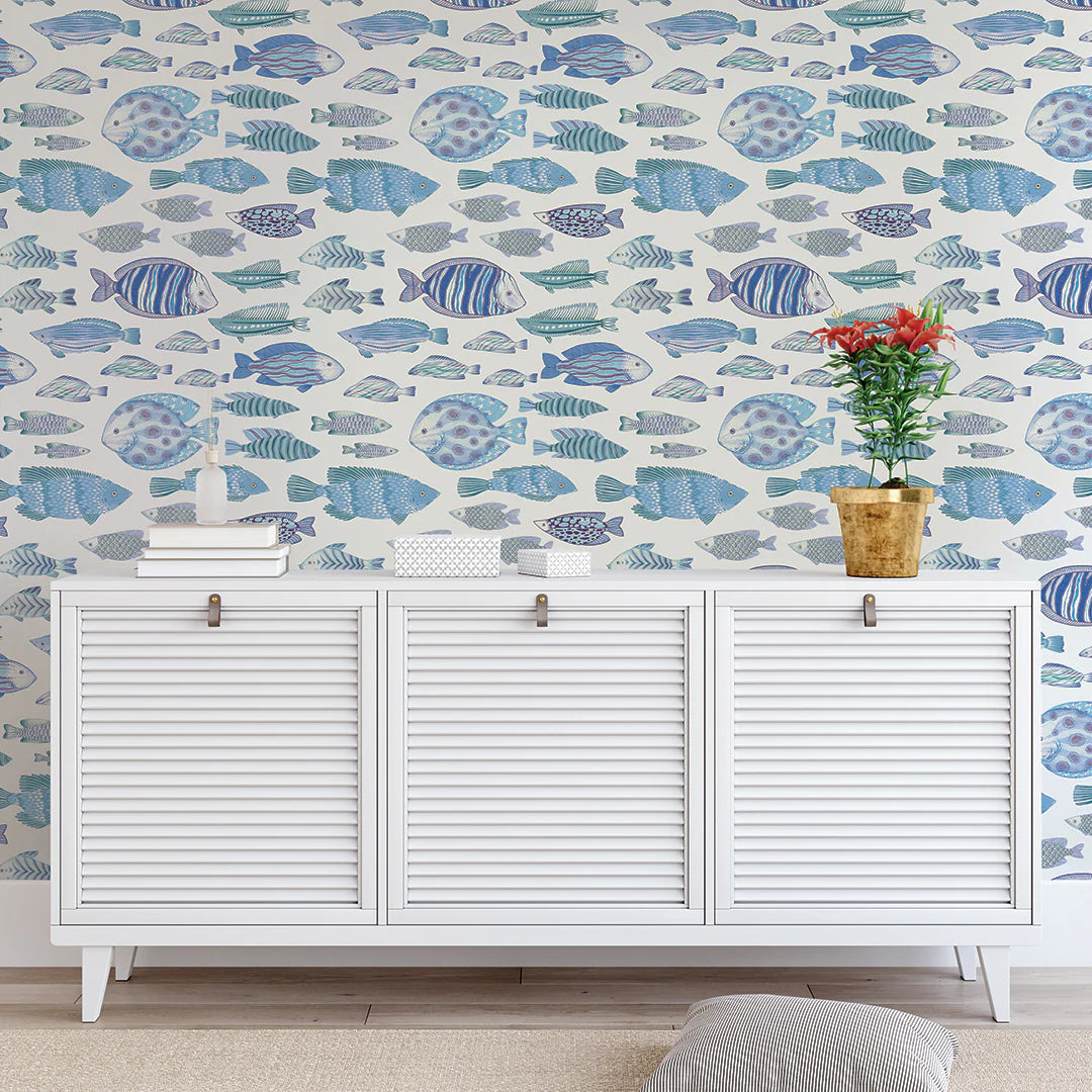 Marine Fish Aq/Wht Wallpaper