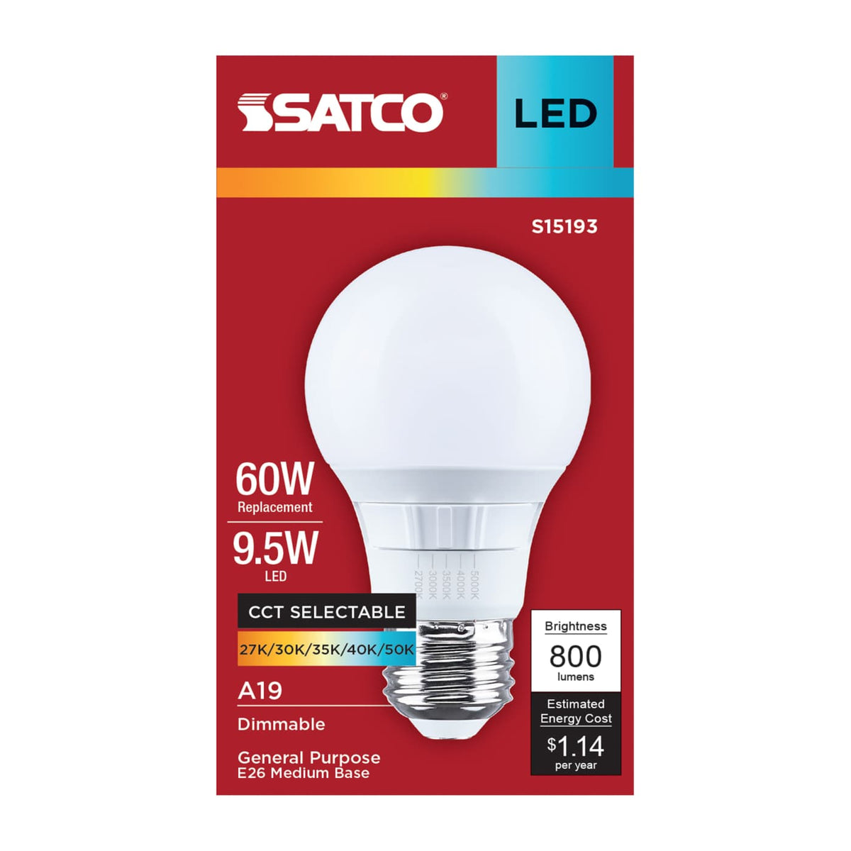 9.5W LED A19 E26 - 5CCT (D)