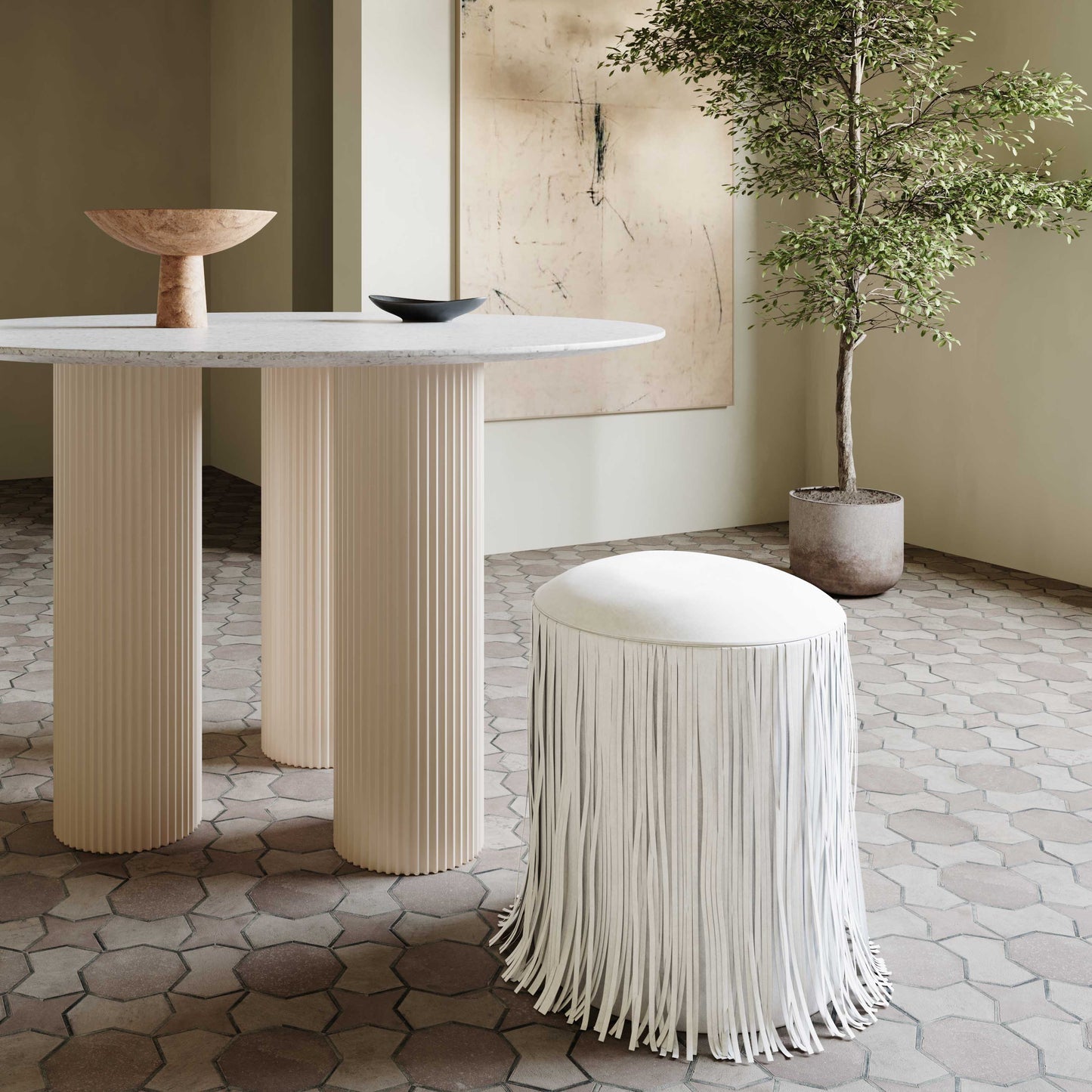 Shag Me Leather Ottoman, Ivory