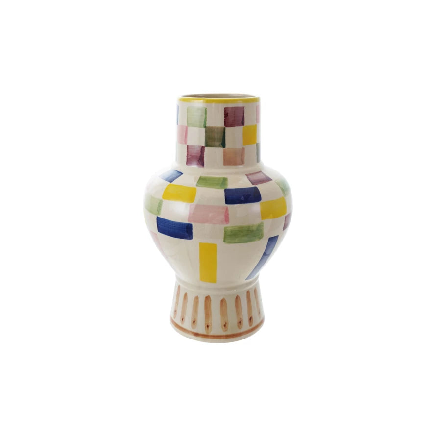 Stoneware Vase,Checked Pattern