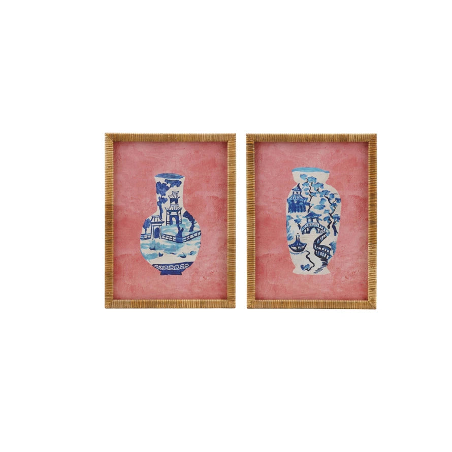 Blue Vase Art, Rattan Frame