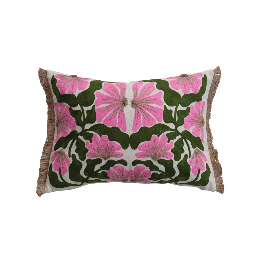 Embroidered Pink Flower Pillow