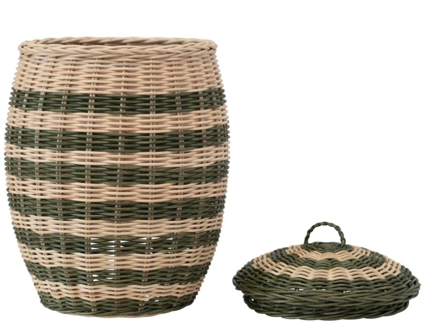 Green Striped Basket w/ Lid