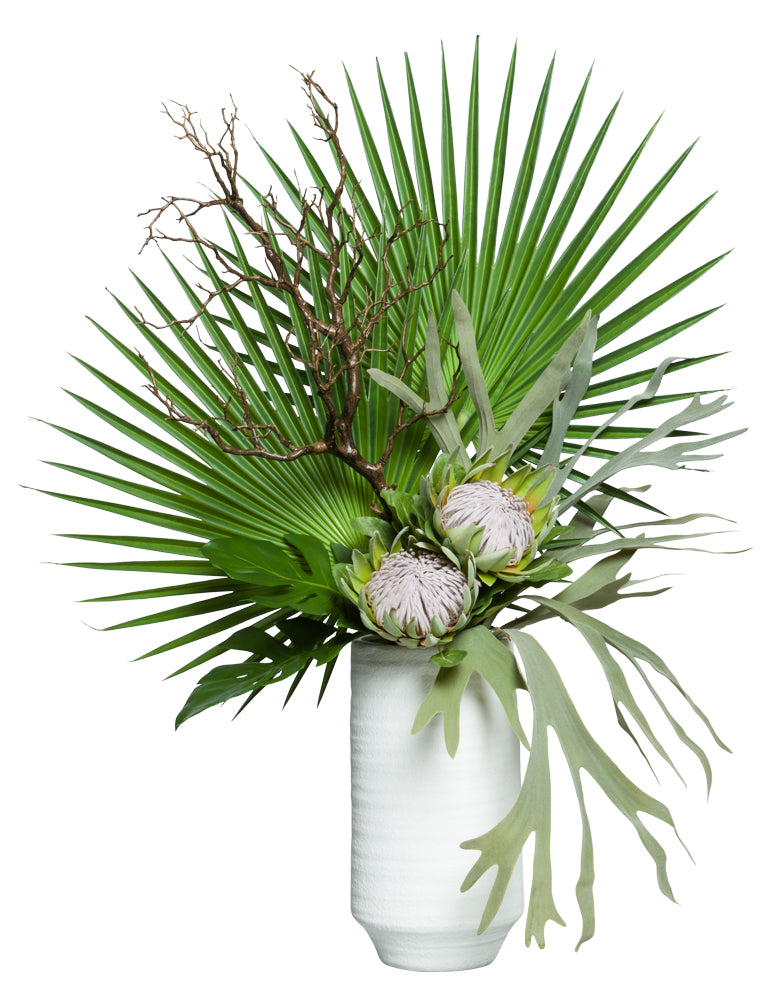 Protea/Fan Palm, Wht Pot