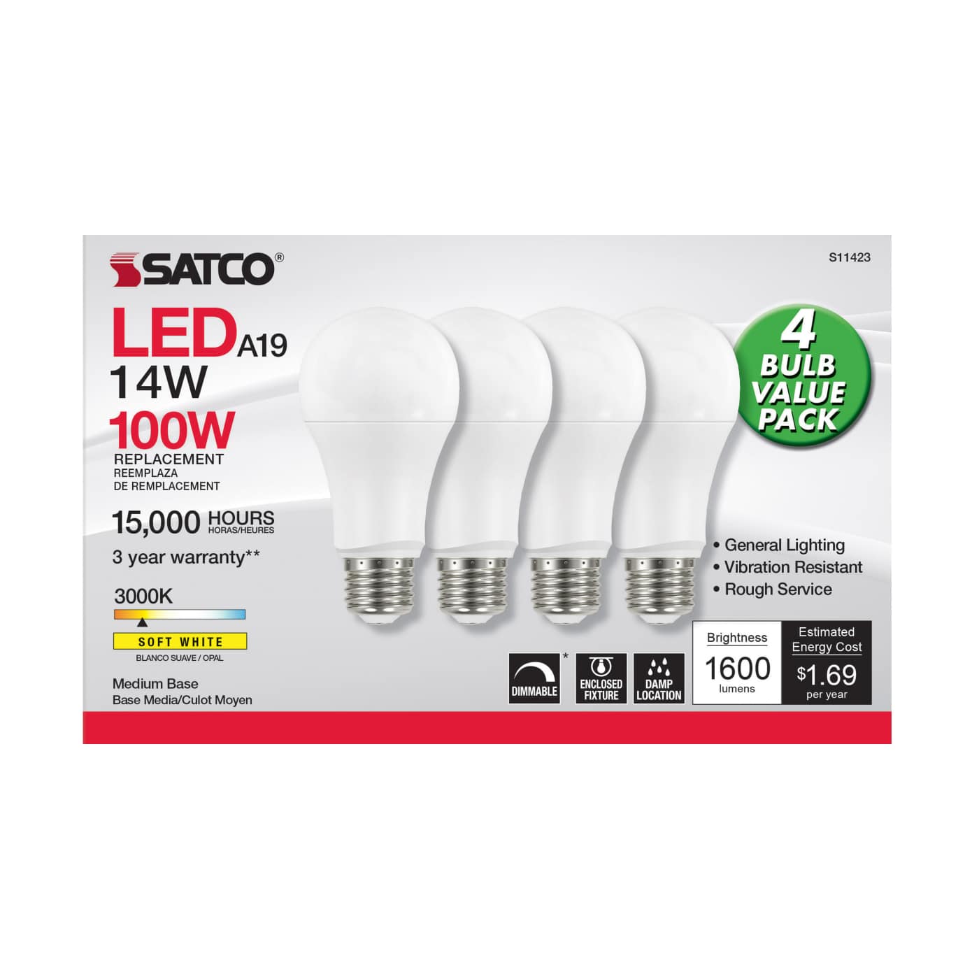 14A19/LED/830/120V/D/4PK