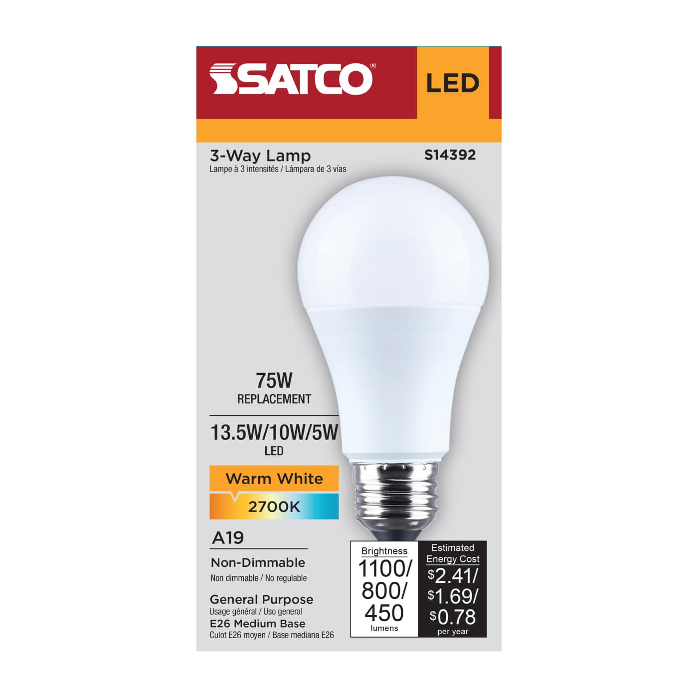 13.5/10/5W LED A19 3Way - 27K