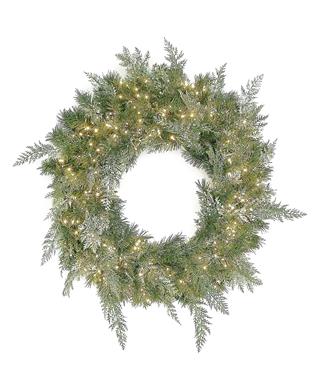 30" Lit Frosted Cedar Wreath