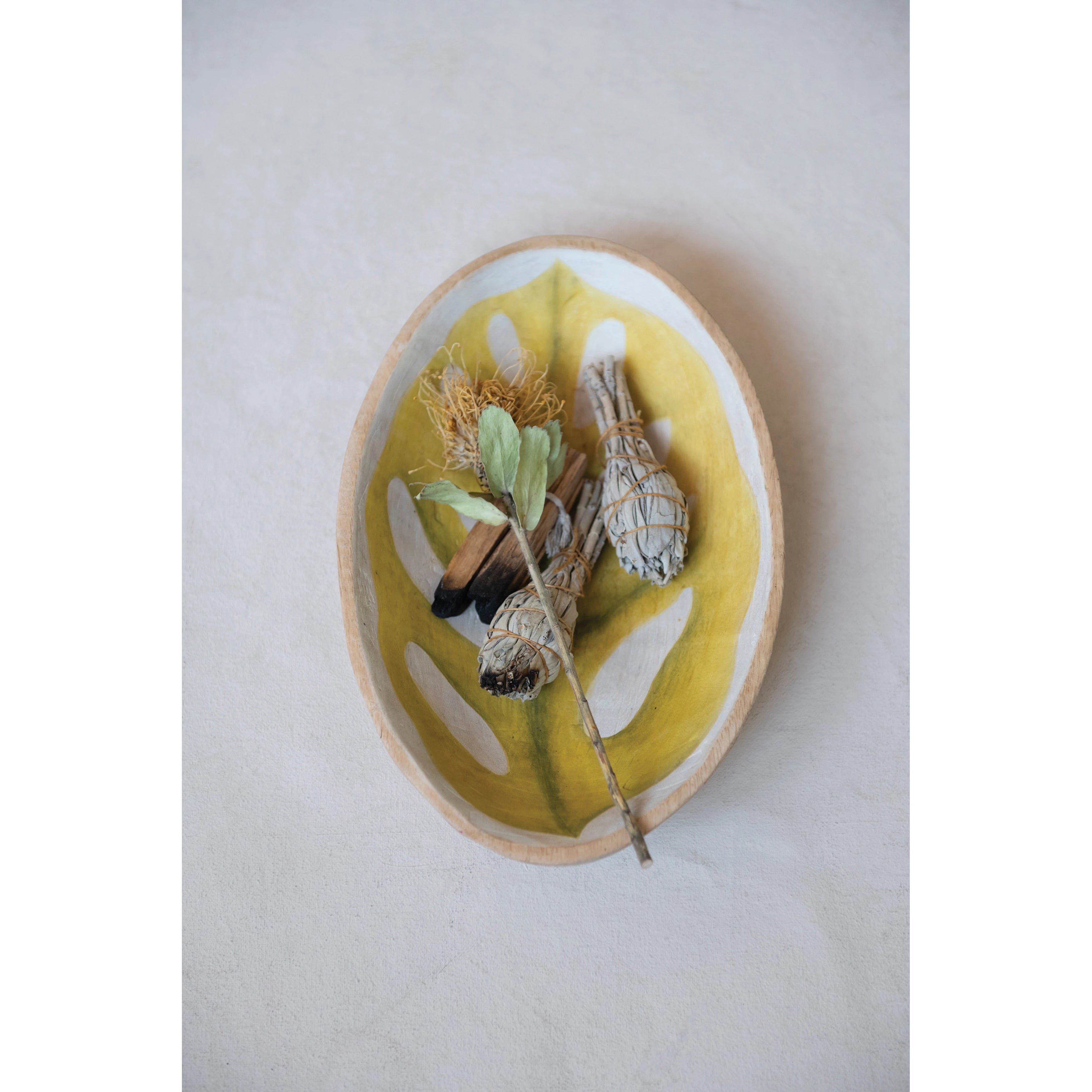 Mango Wood Leaf Bowl - Yellow