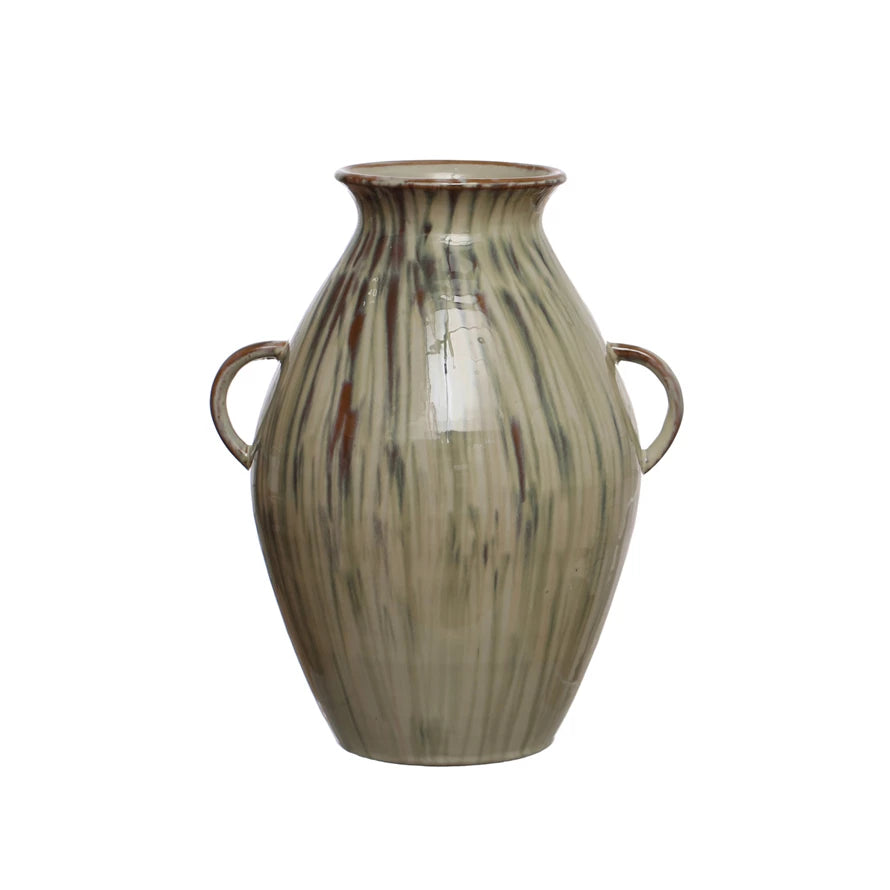 Painted Vase w/Handles, GR/BR