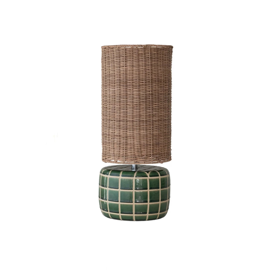 Green Tiled/Rattan Table Lamp