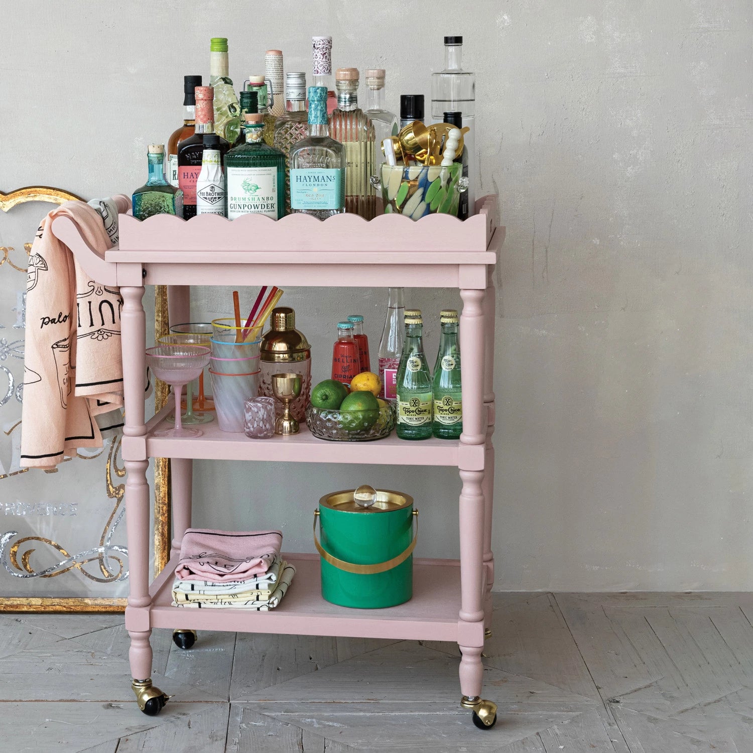 Pink 3-Tier Bar Cart w/ Tray