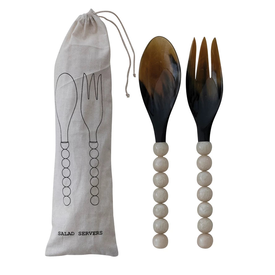 St/2 Salad Server, Horn w/Wht