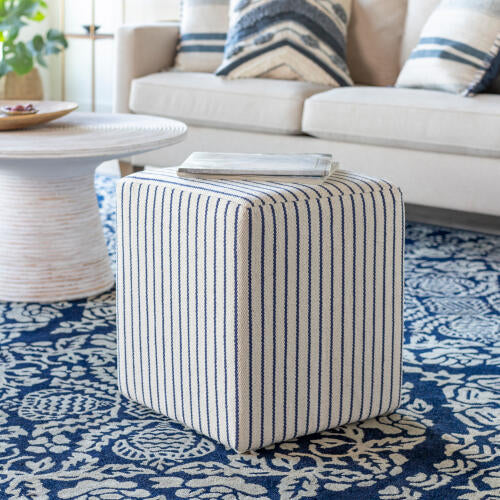 Matchford Ottoman, Ivory/Blue