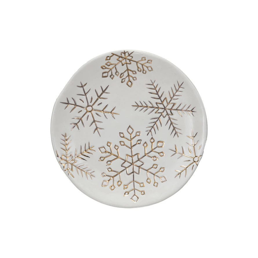 White Plate w Gold Snowflakes