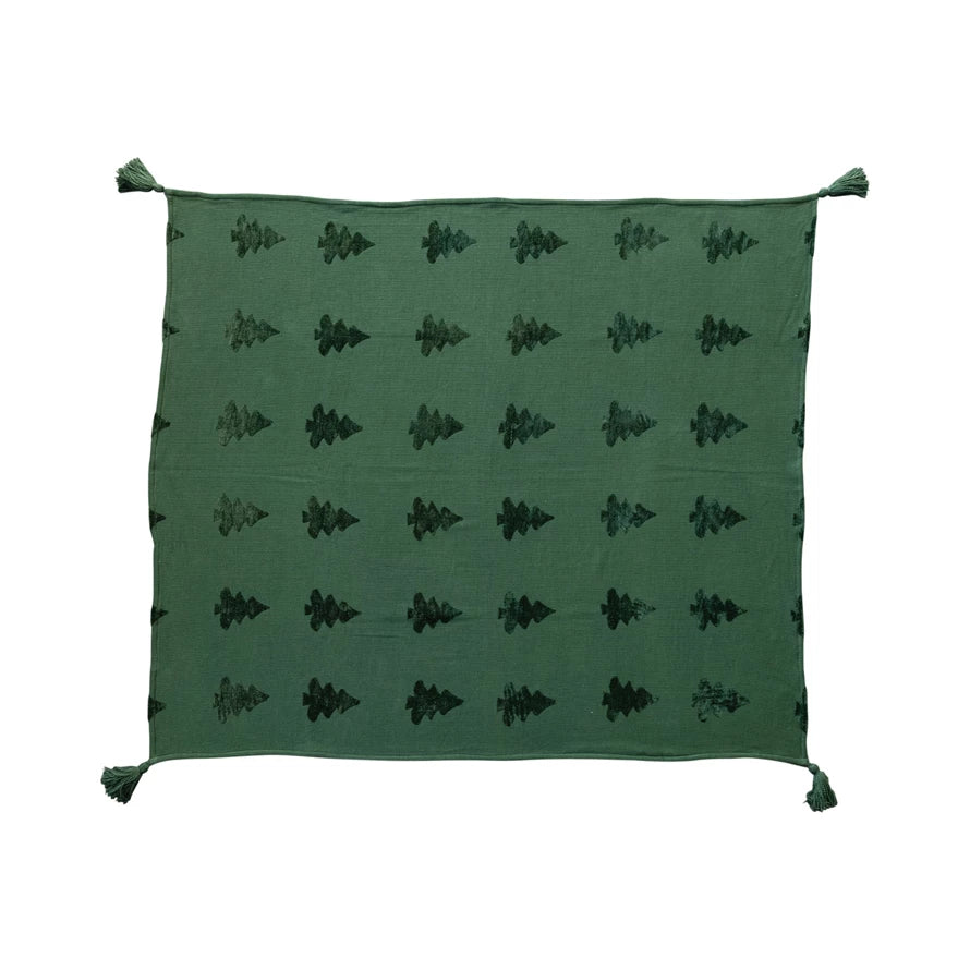 Green Jacquard Throw w Trees