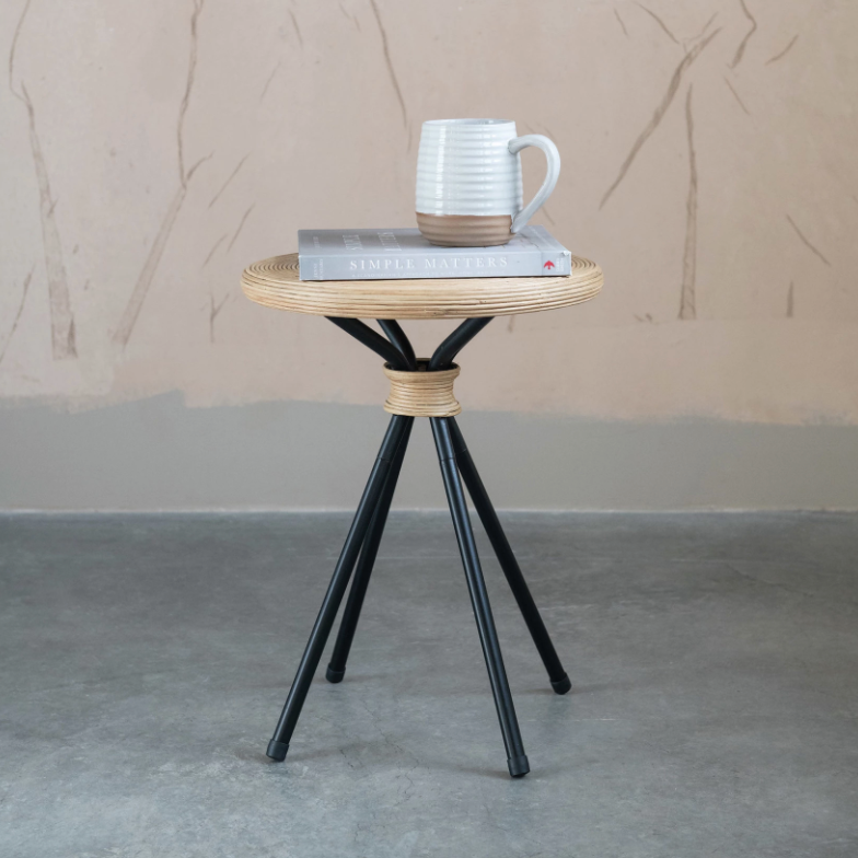 Hand-Woven Rattan Stool - Black