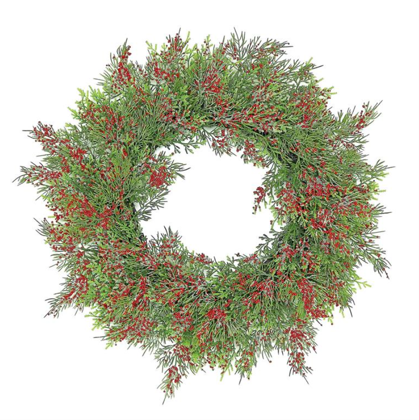 22" Cypress Wreath w/ Tiny Red Berries - Red